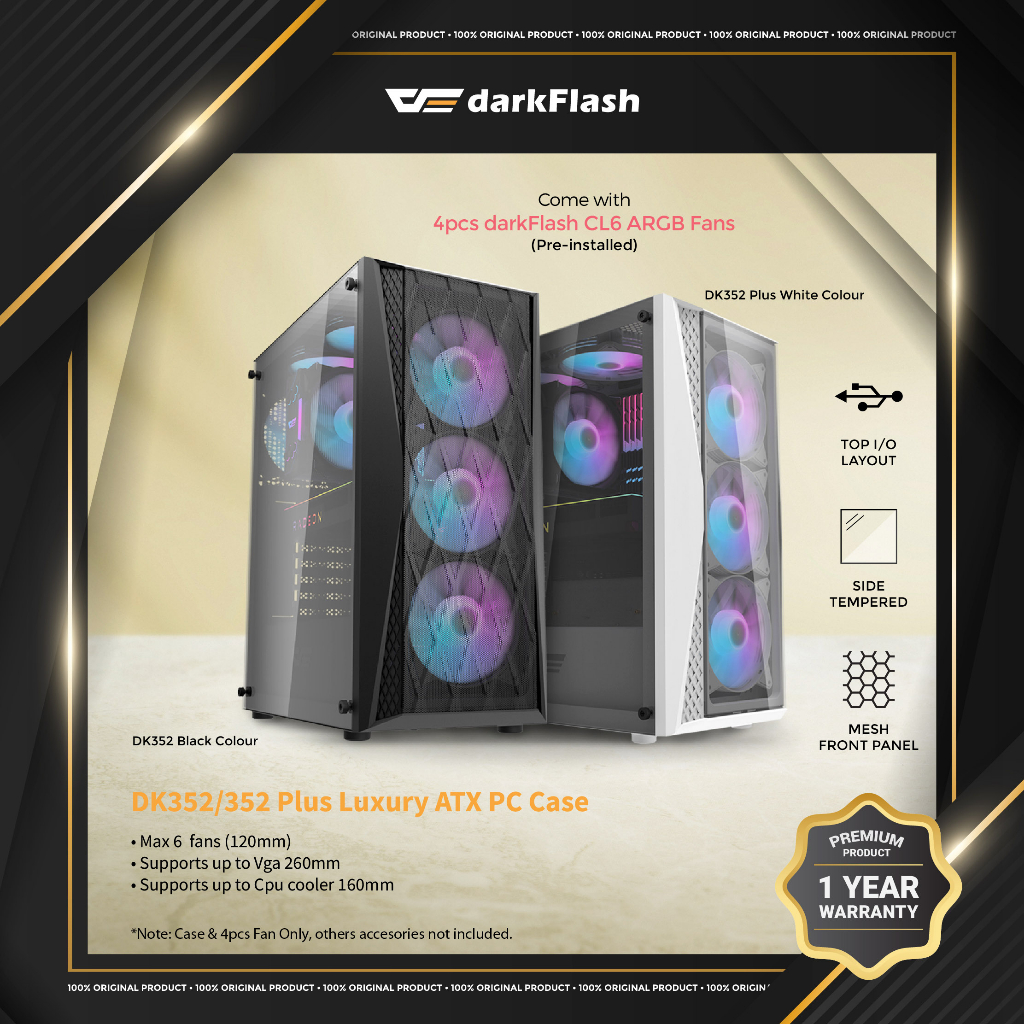 DarkFlash DK352 Series เคส ATX หรูหราพร้อมพัดลม CL6 aRGB 4 ชิ้นพร้อม Mobo Sync ติดตั้งล่วงหน้า
