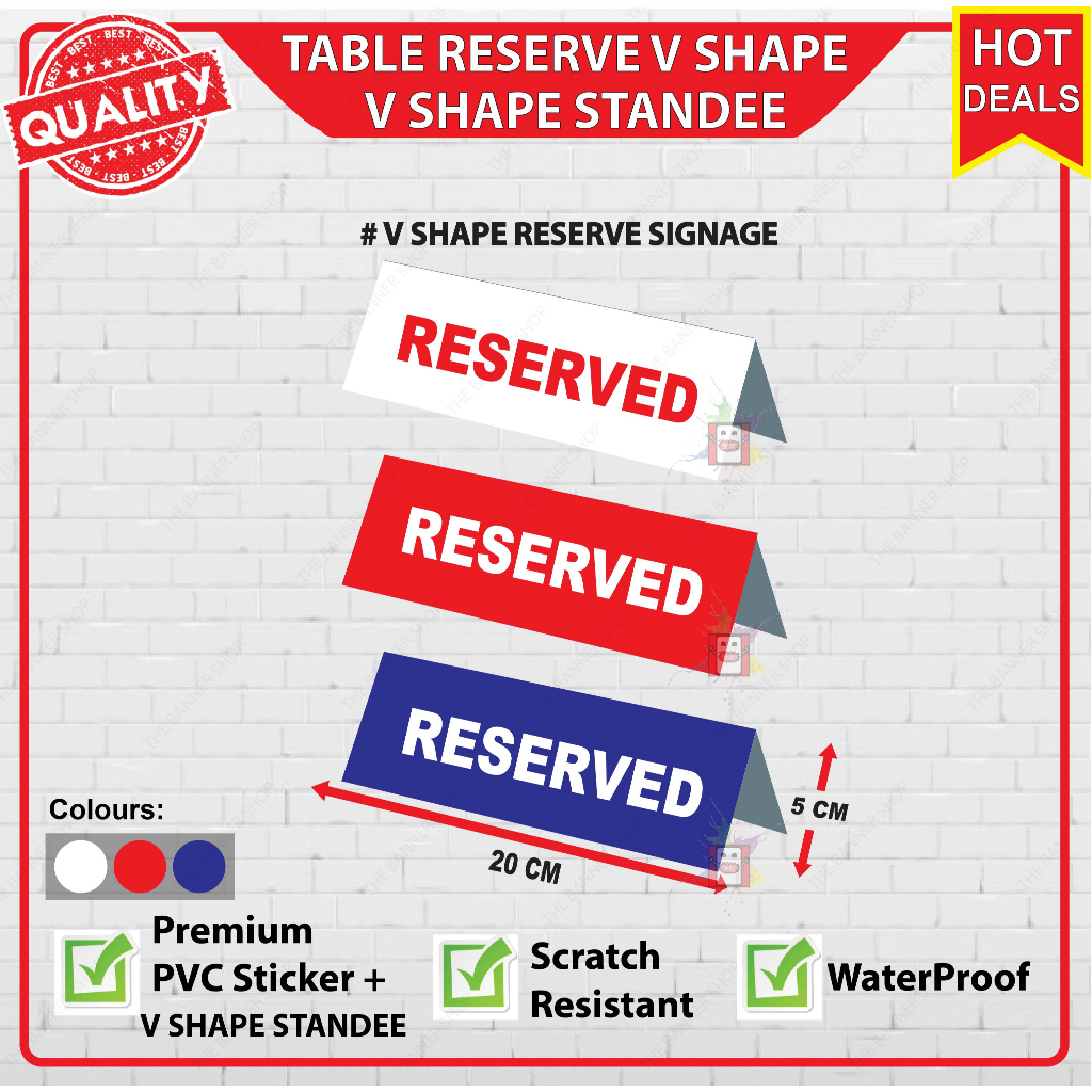 ป้ายสํารอง ตารางสํารอง L & V Signage, Reserve Table V Signage Reserve L Sign. ป้ายตั้งโต๊ะ
