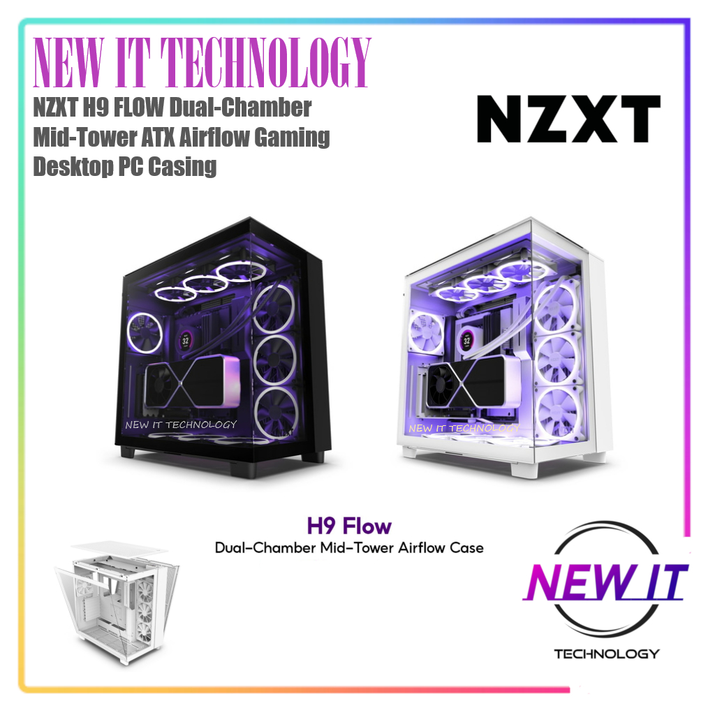 NZXT H9 FLOW & H9 FLOW RGB 2025 Dual-Chamber Mid-Tower ATX Airflow Tempered Glass Gaming Desktop PC 