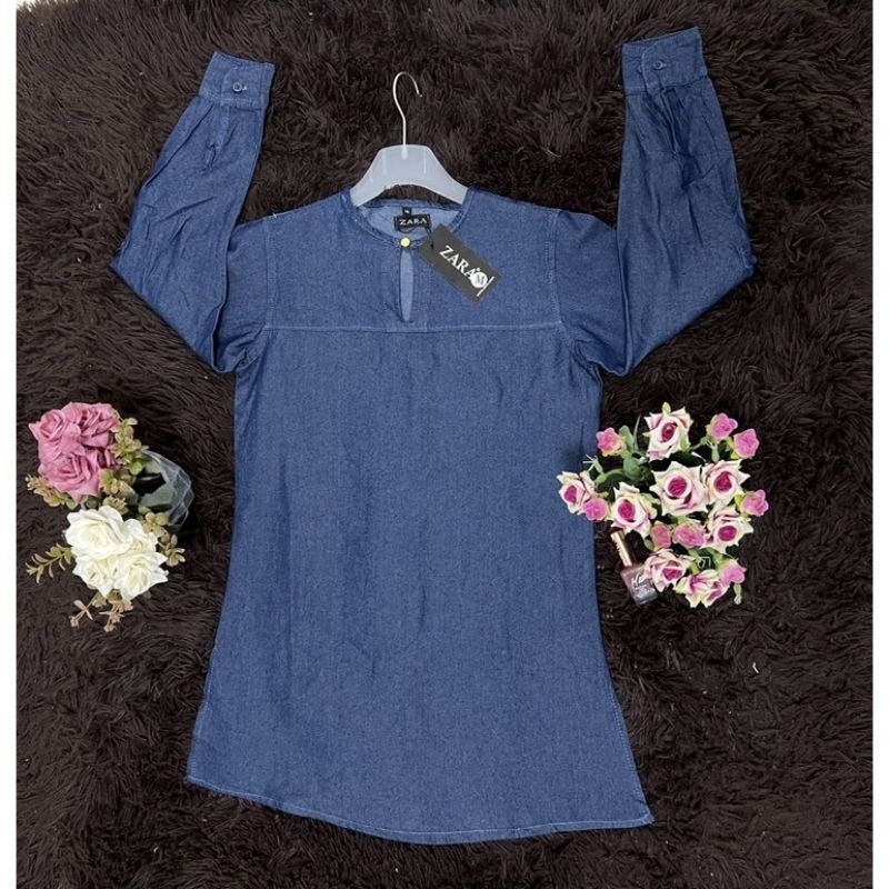 Denim Muslima Baju 1Bouton สําหรับสุภาพสตรีสต็อก