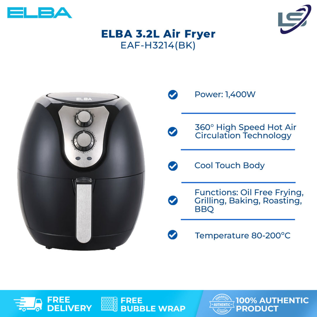 ELBA 3.2L Air Fryer EAF-H3214(BK) พลัง: ฟังก์ชั่นทําอาหารตัวแปร 1,400W เทคโนโลยีการไหลเวียนของลมร้อน