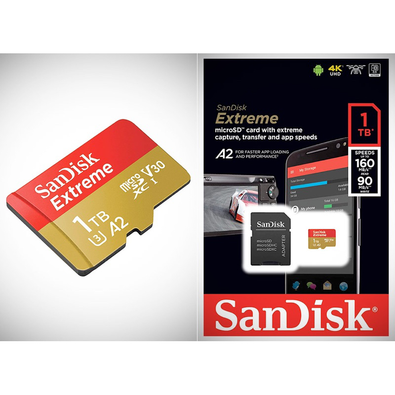 Sandisk การ์ดหน่วยความจํา 1TB Extreme microSDXC UHS-I พร้อมอะแดปเตอร์ C10 U3 V30 4K A2 Micro SD SDSQ