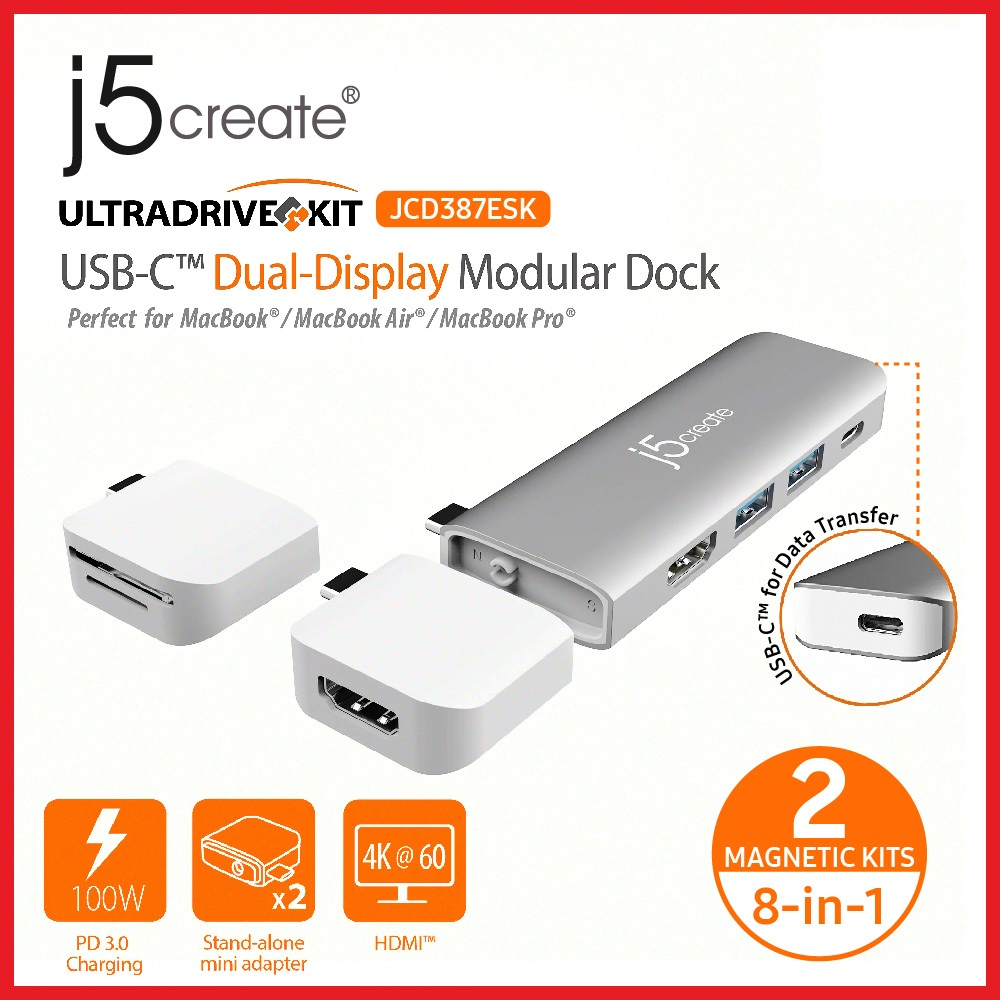 8 in 1 J5Create JCD387ESK ULTRADRIVE Kit USB-CTM Dual-Display Modular Dock สําหรับ McBook / Mcbook A