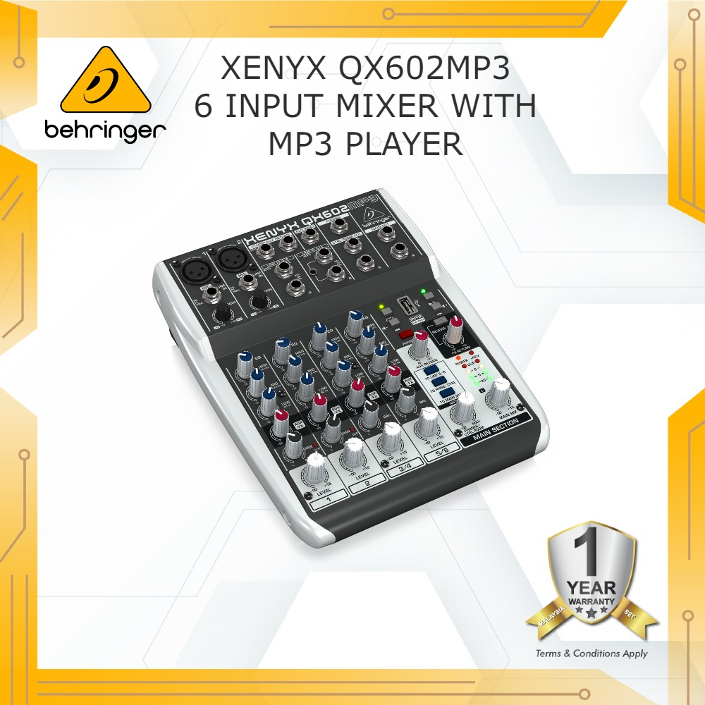 Behringer XENYX QX602MP3 Premium 6-Input 2-Bus Mixer พร้อมปรีแอมป์ XENYX Mic, EQs, เครื่องเล่น MP3 แ