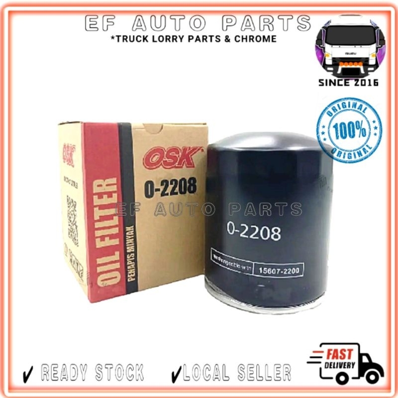 O-2208 OSK HINO 500 VALIDUS JO7E JO7C JO5E กรองน้ํามัน 15607-2200 LORY LORI MINYAK FILTER