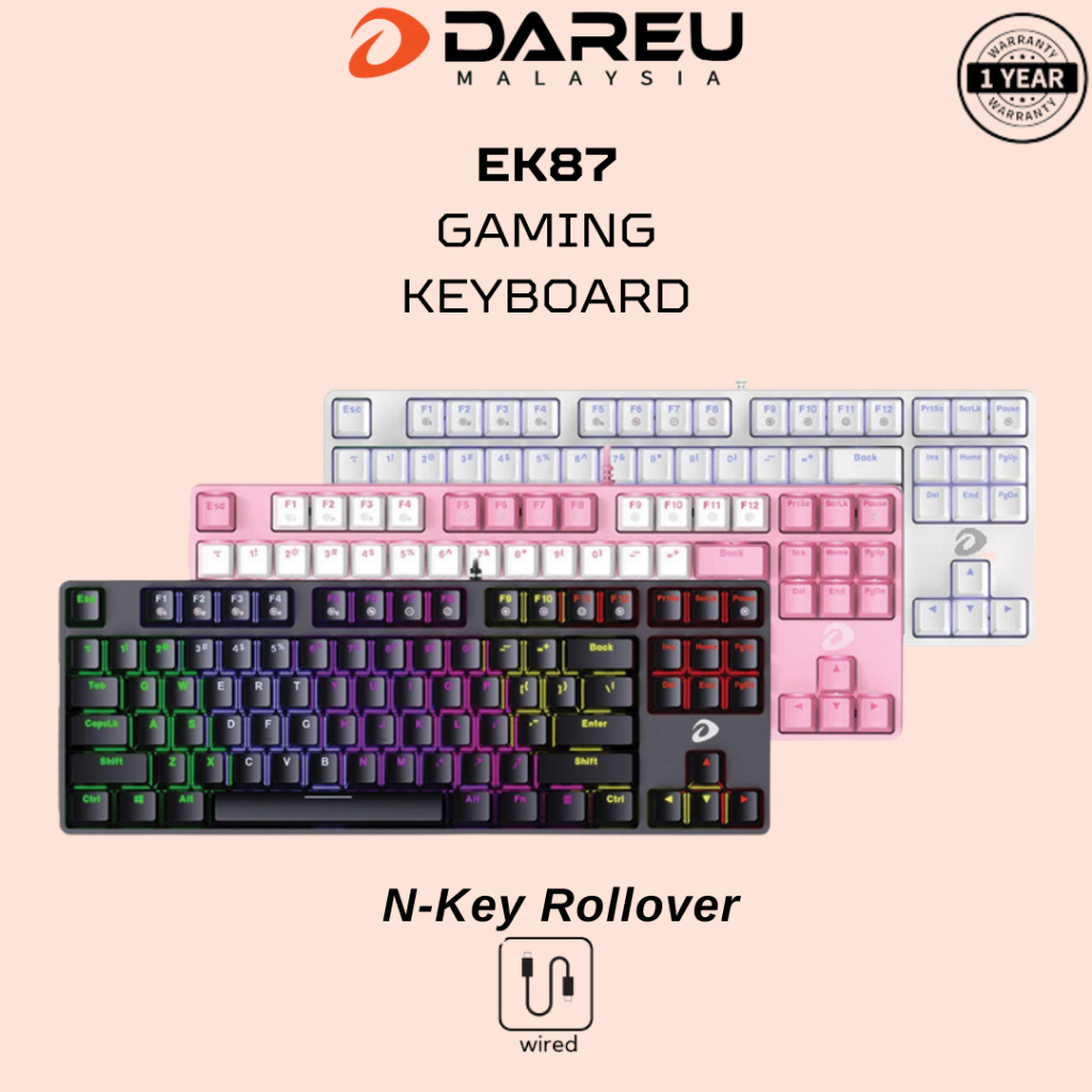 Dareu Glory EK87 87 Key Water Resistance LED Mechanical Gaming Keyboard - สีขาว/ชมพู/ดํา TKL