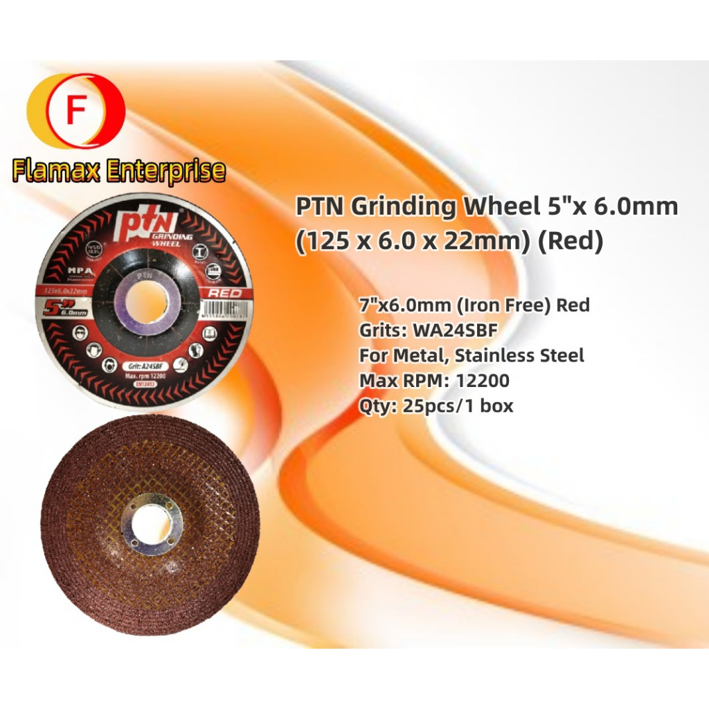 Ptn หินเจียร 5"x 6.0mm (125 x 6.0 x 22mm) (Iron Free) (สีแดง)