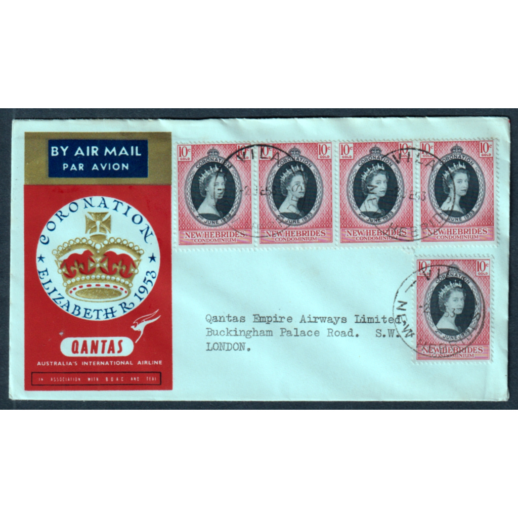 1953 New Hebrides QEII Coronation cover โดย Qantas Airline