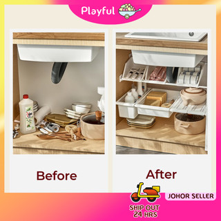 【PLAYFUL】Under Sink Rack Organizer Sliding Kitchen Storage Rack Baju Laundry Sink Bakul dalam Kabinet bawah Sink