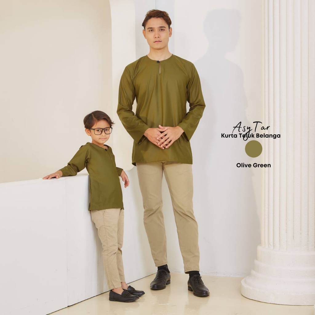 Kurta Set Father Son Kurta ชุดเสื้อแขนสั้น พลัสไซซ์ สีเขียวมะกอก สําหรับผู้ชาย