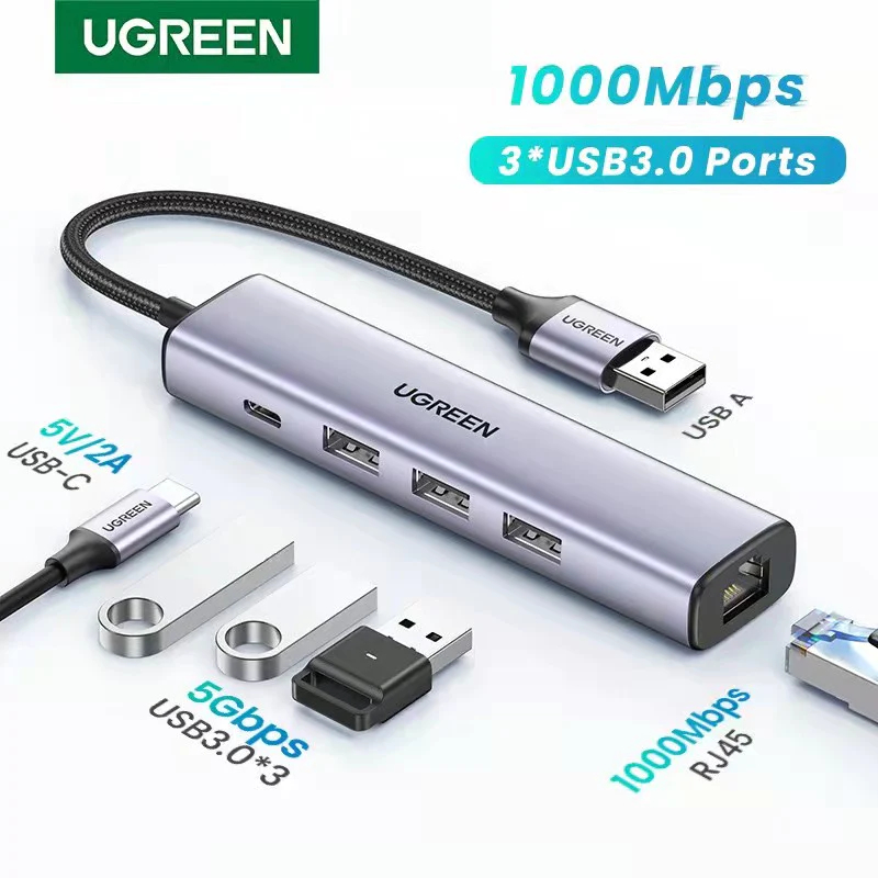 Ugreen UG-CM475-60554 UGREEN USB3.0 ถึง 3 USB3.0 +RJ45 (1000M) ETHERNET ADAPTER TYPE-C POWER SUPPLY
