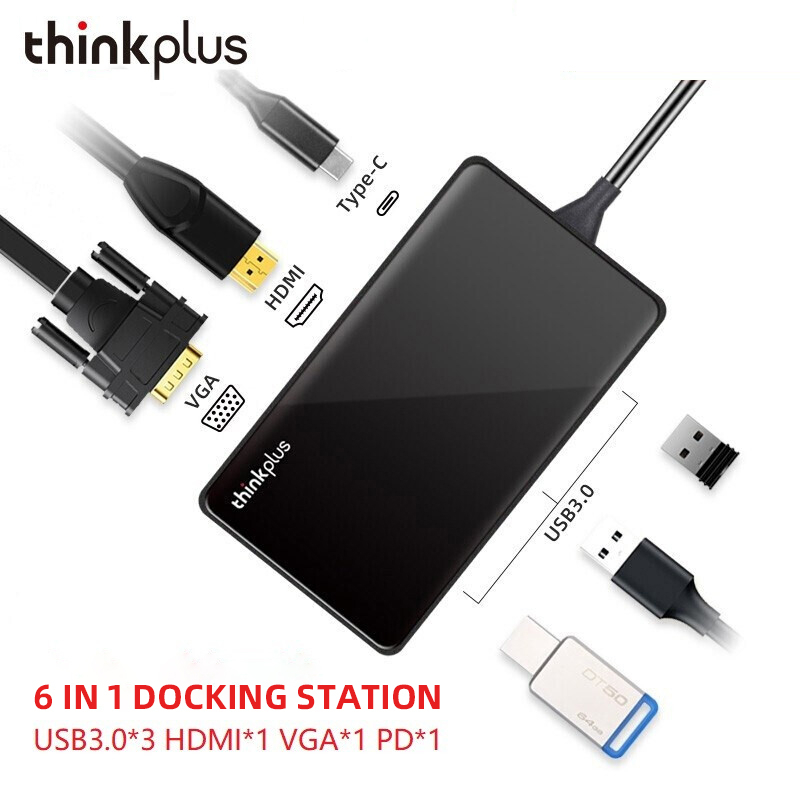 Lenovo Thinkplus Type C USB-C 6-in-1 อะแดปเตอร์ USB Hub (4K HDMI/VGA/PD 3.0/3x USB 3.0)