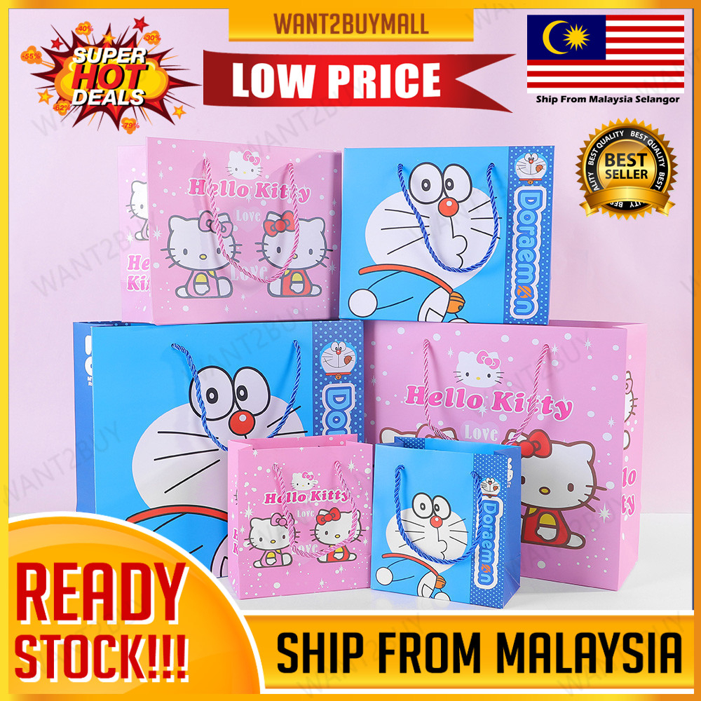 Kitty Doraemon Goodies มือจับประตูถุงกระดาษเด็กอนุบาลเด็กวันเกิดบรรจุภัณฑ์ปัจจุบัน Beg