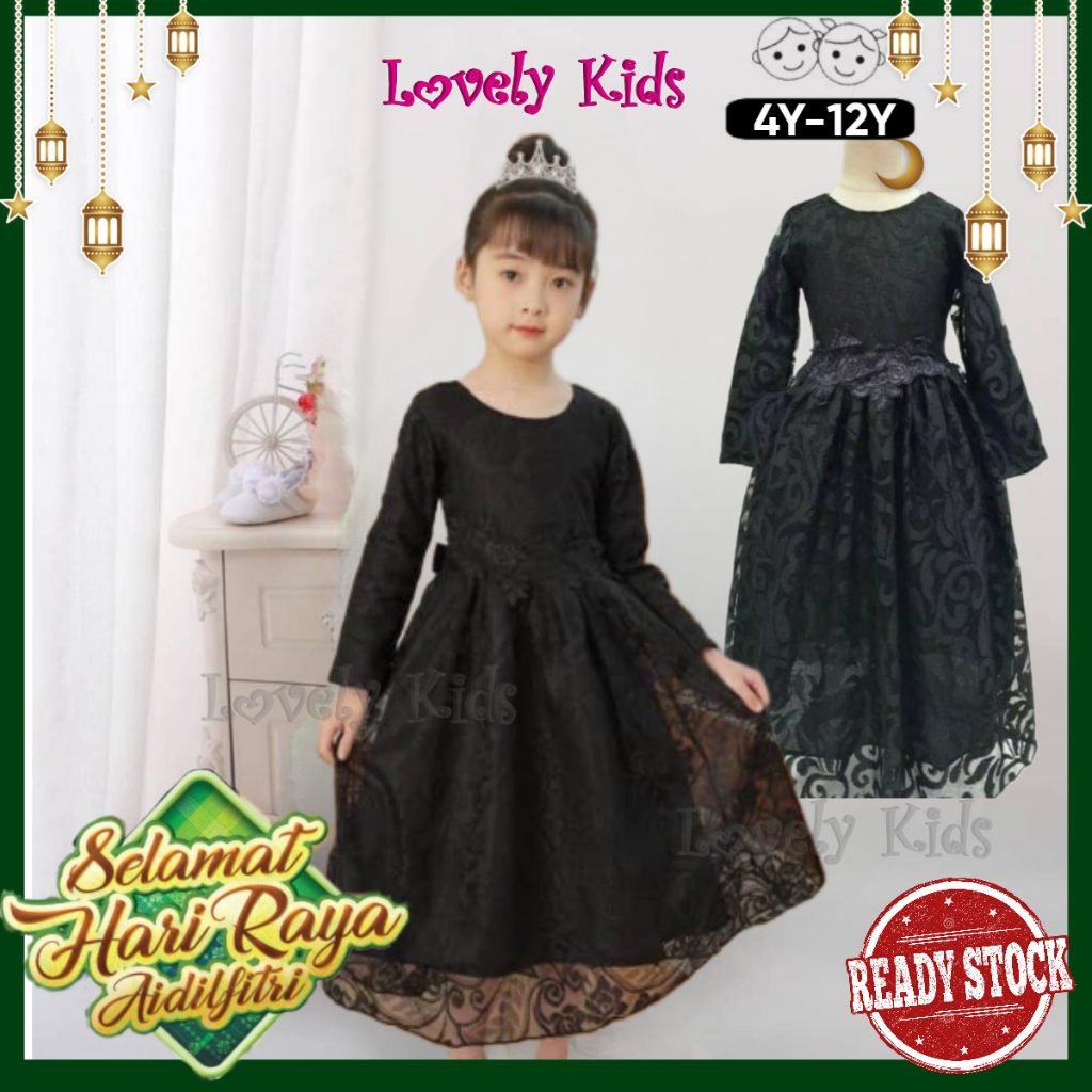 RAYA DEAL 4-12Tahun Baju Raya Budak Muslimah Jubah ลูกไม้ผ้าฝ้าย Gaun Budak HITAM สีดําชุดปาร์ตี้