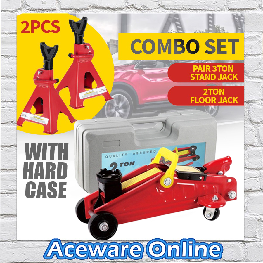 COMBO 3 TON JACK STAND(BLACK) & 2 TON FLOOR JACK(WITH HARD CASE) [RANDOM COLOUR]JEK HIDRAULIK ลดความ