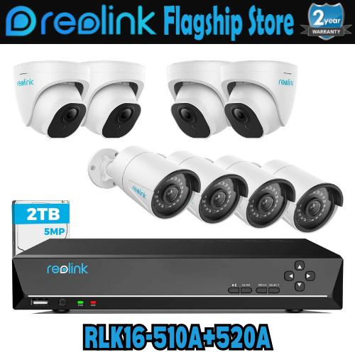 Reolink RLN16-410 16ch NVR พร้อมการตรวจจับอัจฉริยะกล้อง POE RLC-510A/RLC-520A 5MP กล้องวงจรปิดในร่ม/