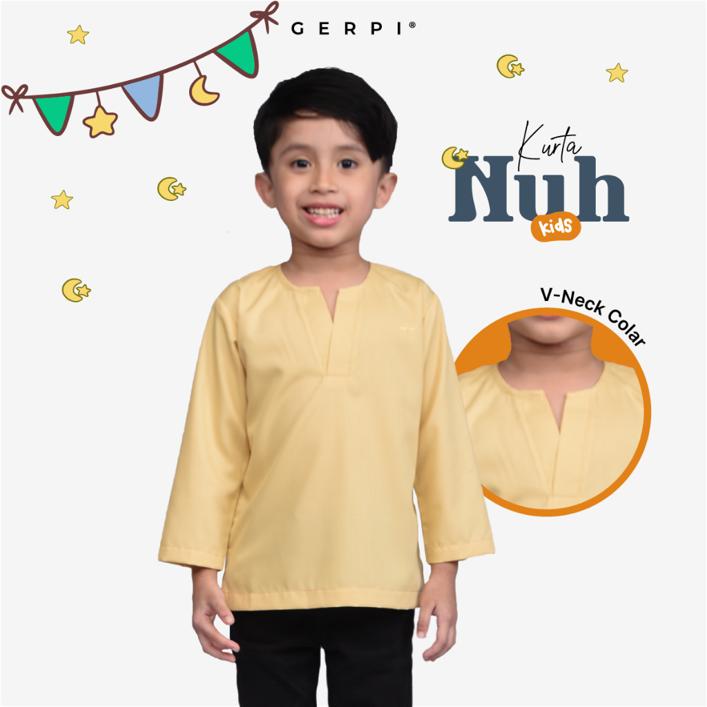 GERPI Baju Raya 2025 Baju Kurta Budak Lelaki Nuh V คอผ้าฝ้ายเยอรมัน Regular Fit