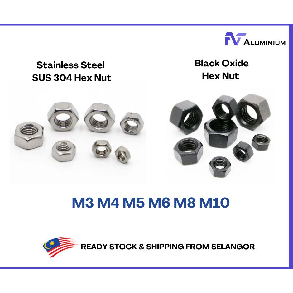 สแตนเลส 304 / สีดําออกไซด์ M3 M4 M5 M6 M8 M10 Hex Nut Hex Hexagon Nut DIN 934