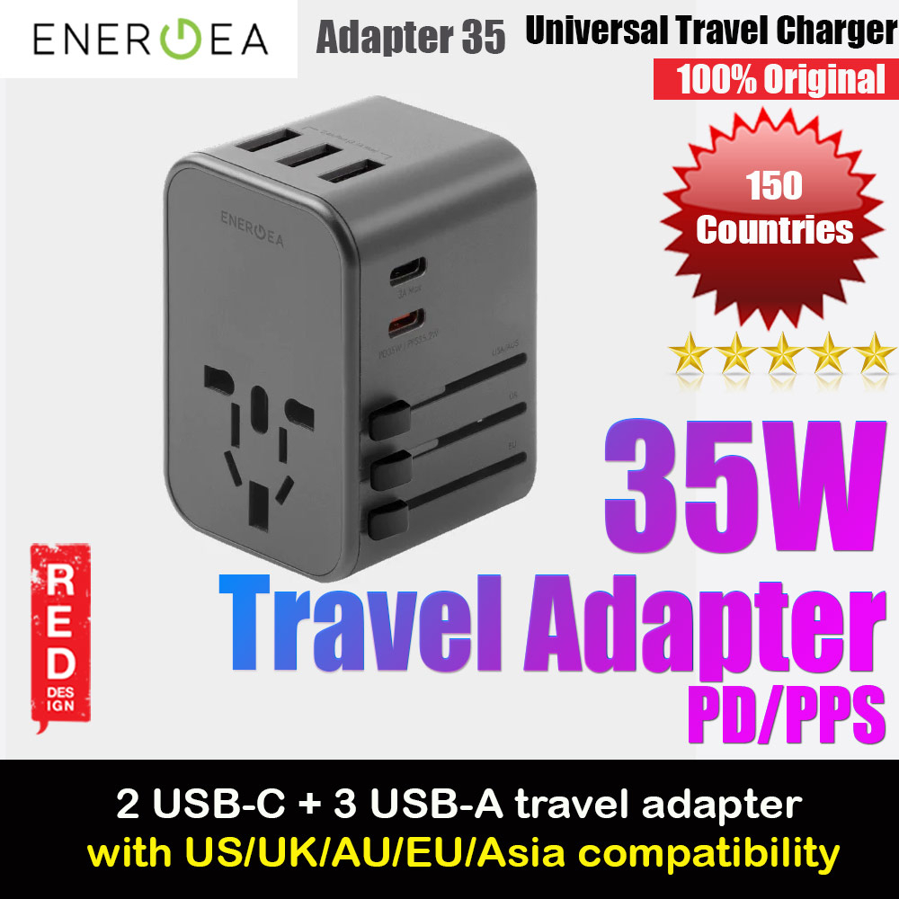 Energea TravelWorld Adapter 35 35W PD PPS 2 USB-C 3 USB-A Travel Adapter Charger (Gunmetal)