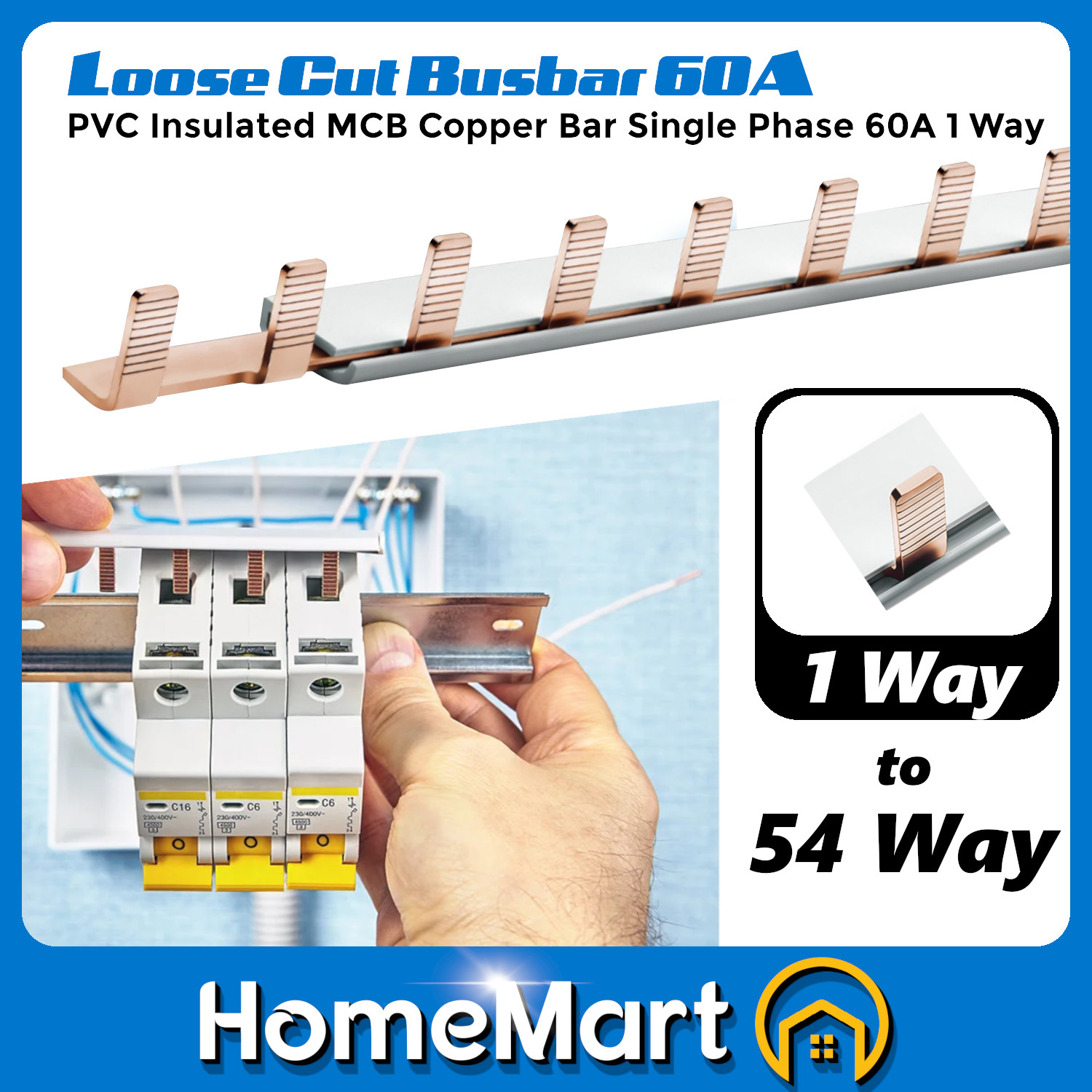 Loose Cut Busbar 60A PVC Insulated MCB Copper Bar Single Phase 60A 1 Way