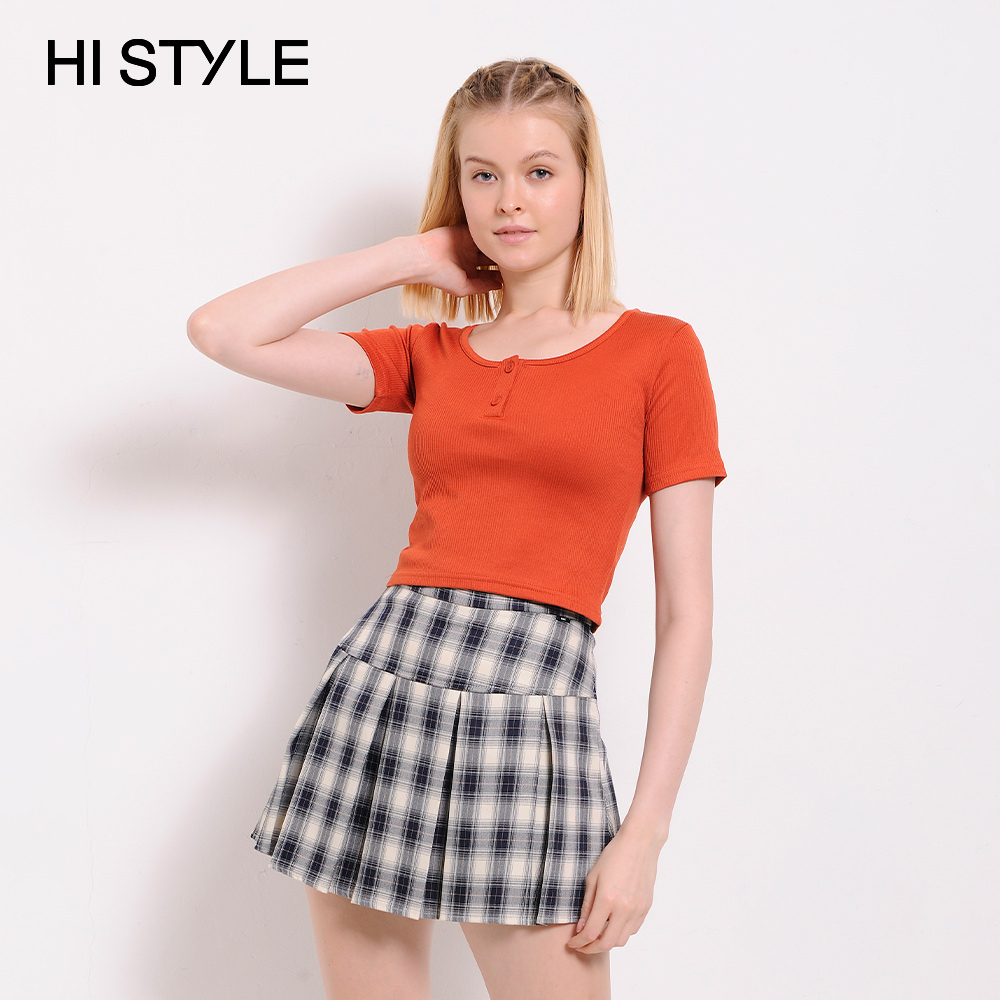 HI STYLE กระโปรงสั้นลายสก๊อตพิมพ์ลายผู้หญิง - สีกรมท่า - BNM3F5108 / กระโปรง Pendek Perempuan - Biru