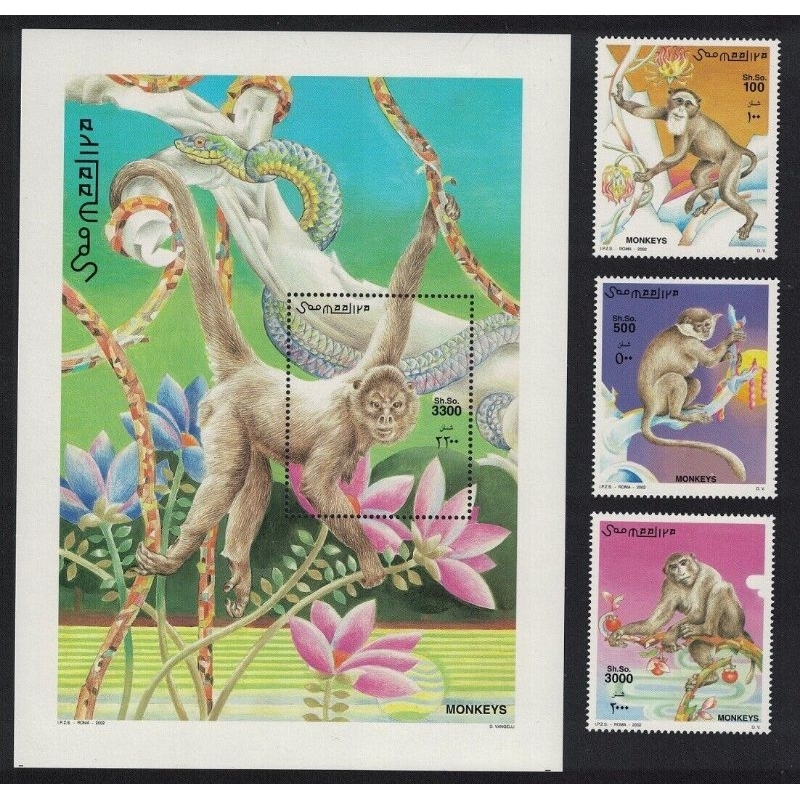 R442 Somalia 2002 Fauna Monkeys ชุดแผ่น L 1 ชิ้น & แสตมป์ 3v MNH