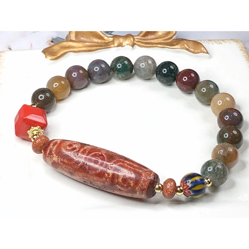 ลูกปัด Dzi ทิเบต Nine Eyed Dzi ลูกปัดทิเบตเก่า Mine Nine Eyed Dzi ลูกปัด 37.8 x11.8 มม.