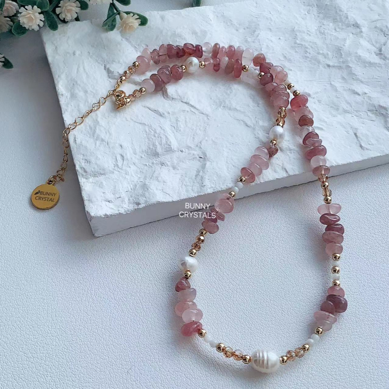 ธรรมชาติ Madagascar Rose Quartz m/w FW Pearls Handmade Jewellery สร้อยคอธรรมชาติแฟชั่นเครื่องประดับส