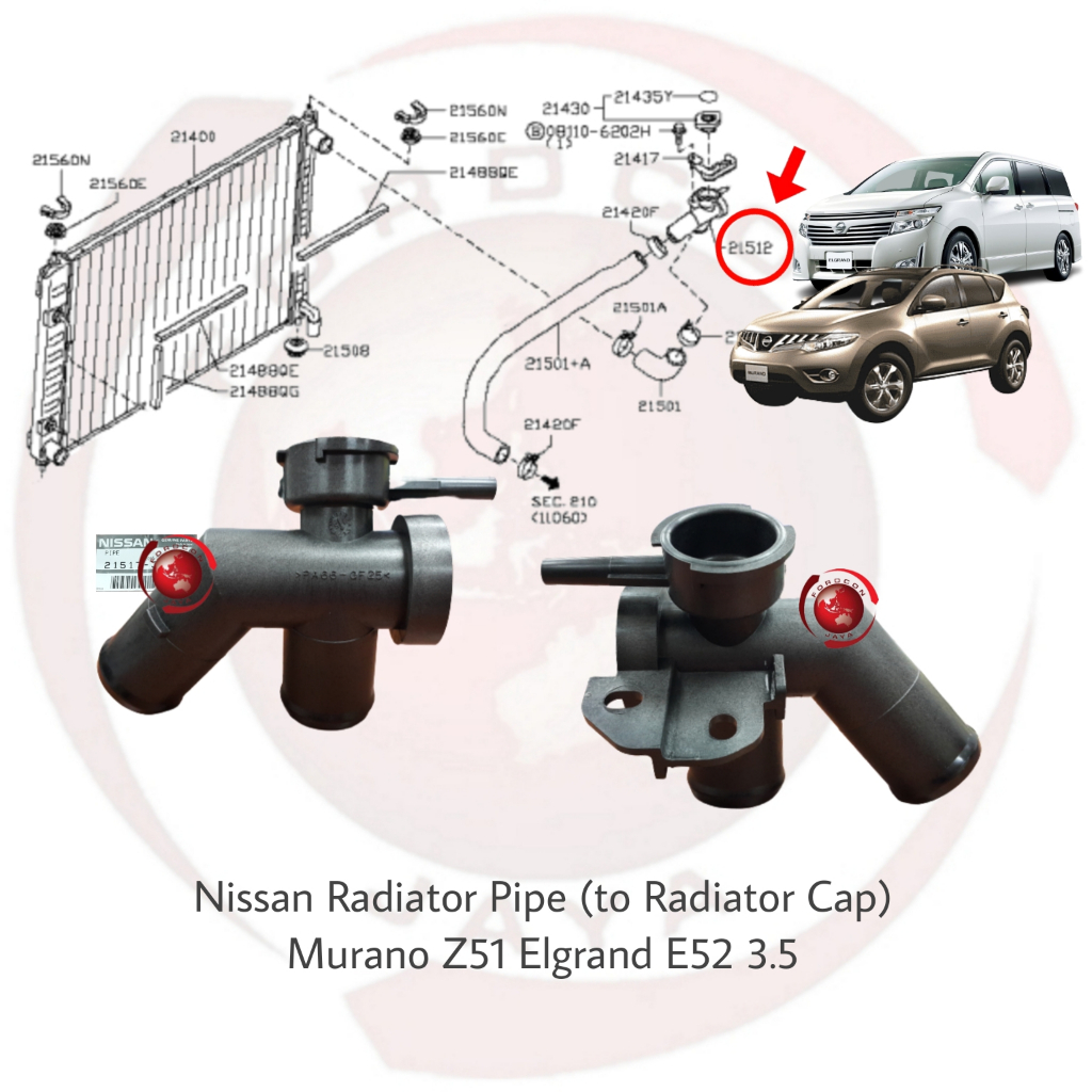 ท่อหม้อน้ํา Nissan (ไม่มีฝา) Murano Z51 Elgrand E52-3.5 21517-JP00A