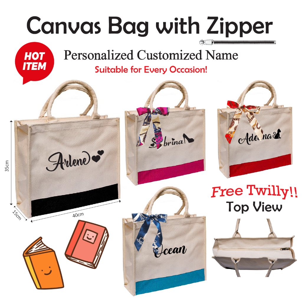 กระเป๋าผ้าใบที่กําหนดเองส่วนบุคคลพร้อมซิปซิปช้อปปิ้งทํางานโรงเรียน Tuition Sekolah Dinner Hadiah