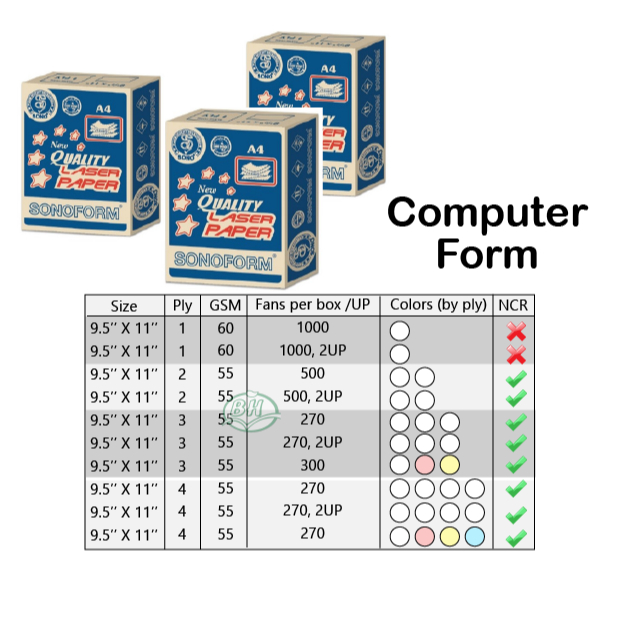 Sonoform Computer Form 1ply 2ply 3ply 4ply W/P/Y/B A4 (9.5"x11") 270 300 500 1000 แฟนๆ กระดาษคอมพิวเ