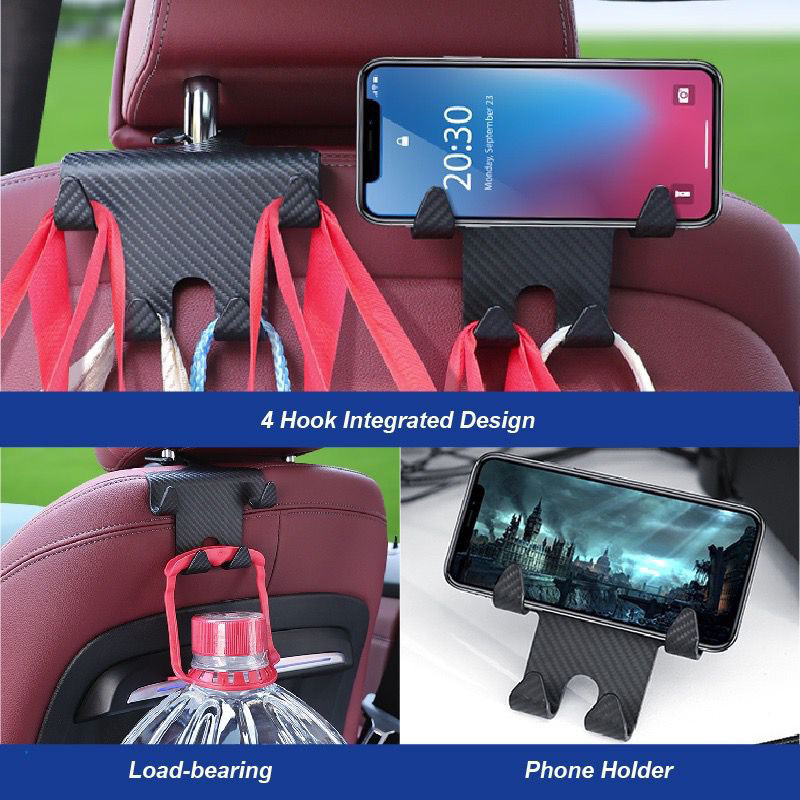 มาใหม่2 ใน 1รถที่นั่งพนักพิงศีรษะตะขอที่วางโทรศัพท์ที่นั่งกลับแขวนกระเป๋าและกระเป๋าคาร์บอนไฟเบอร์กลับที่นั่งผู้ถือ - รูปที่ 2