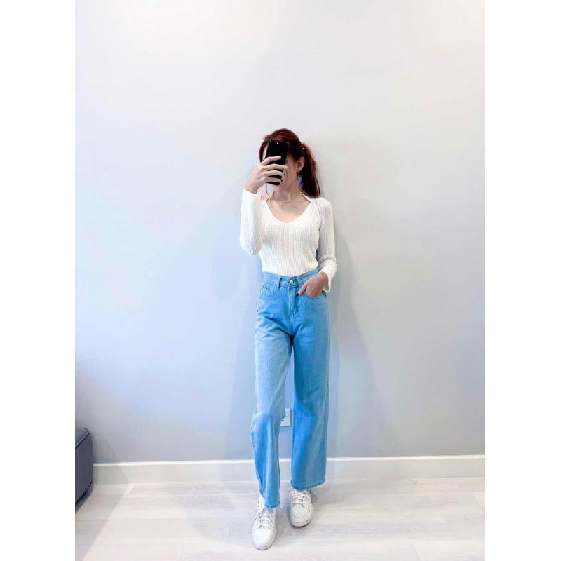 B1175 กางเกงขายาวผ้าถักสีขาว & LP1103 กางเกงยีนส์