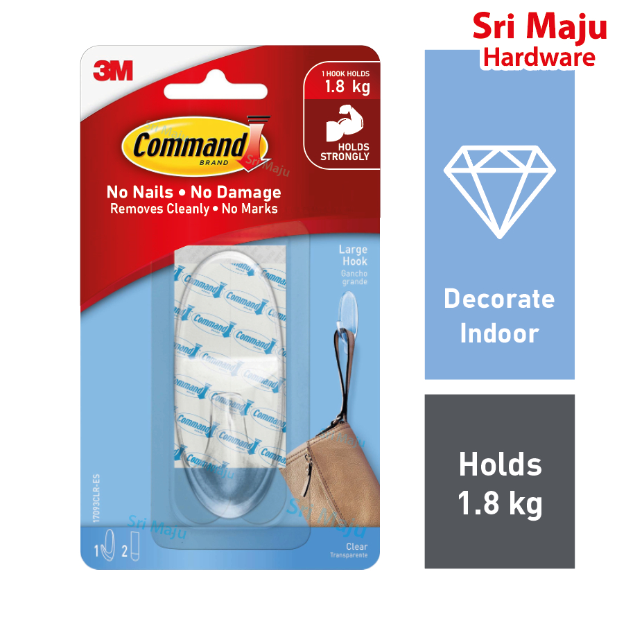MAJU 3M Command 17093CLR โปร่งใสใสตะขอขนาดใหญ่แขวนผนังจัดระเบียบตะขอเทปคู่ Pengangkut Coat Hook 1.8 