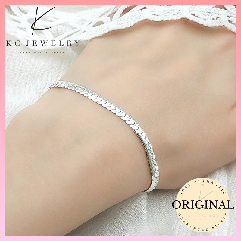 KC Jewelry S925 Silver Glossy Flat Bracelet/Gelang Rantai Tangan Rata Perak วันที่ละเอียดอ่อน สร้อยข