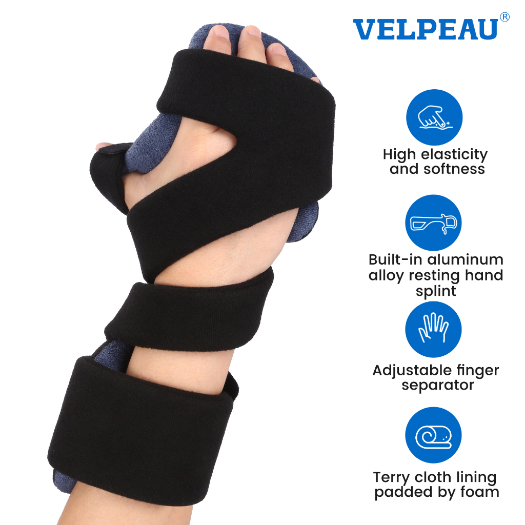 VELPEAU Stroke Resting Hand Splint - Night Immobilizizer สายรัดข้อมือสนับสนุน - Thumb Stabilizer Wrap - สําหรับกล้ามเนื้อฝ่อฟื้นฟู, โรคข้ออักเสบ, อุโมงค์ Carpal