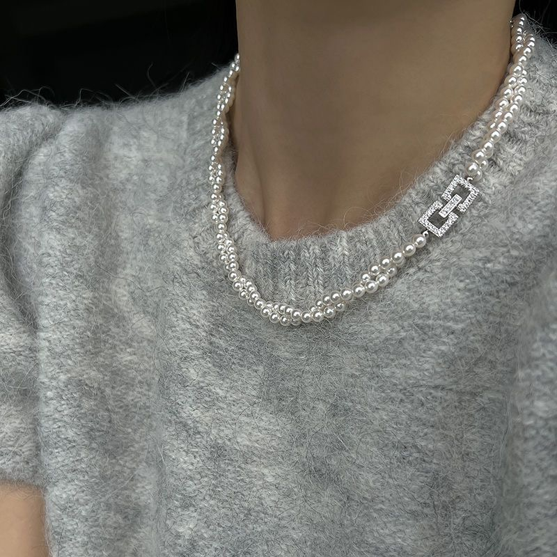 BLOSSOM Shell Pearl Necklace Double Layer, Double Layer White/Grey Shell Pearl Necklace, Dainty Neck