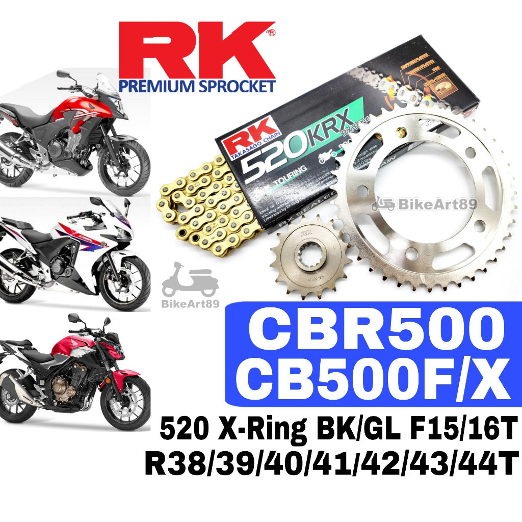 ชุดเฟือง RK Honda CBR500 RK520 KRX X-Ring Rivet สีดํา/ทอง Rantai สีดํา Emas CB500X CB500F RK 520 XRi