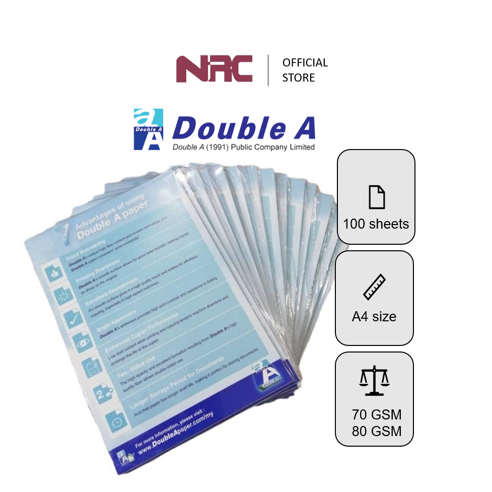DOUBLE A Paper A4 (100 แผ่น) - 70 GSM & 80 GSM (ใบหลวม)