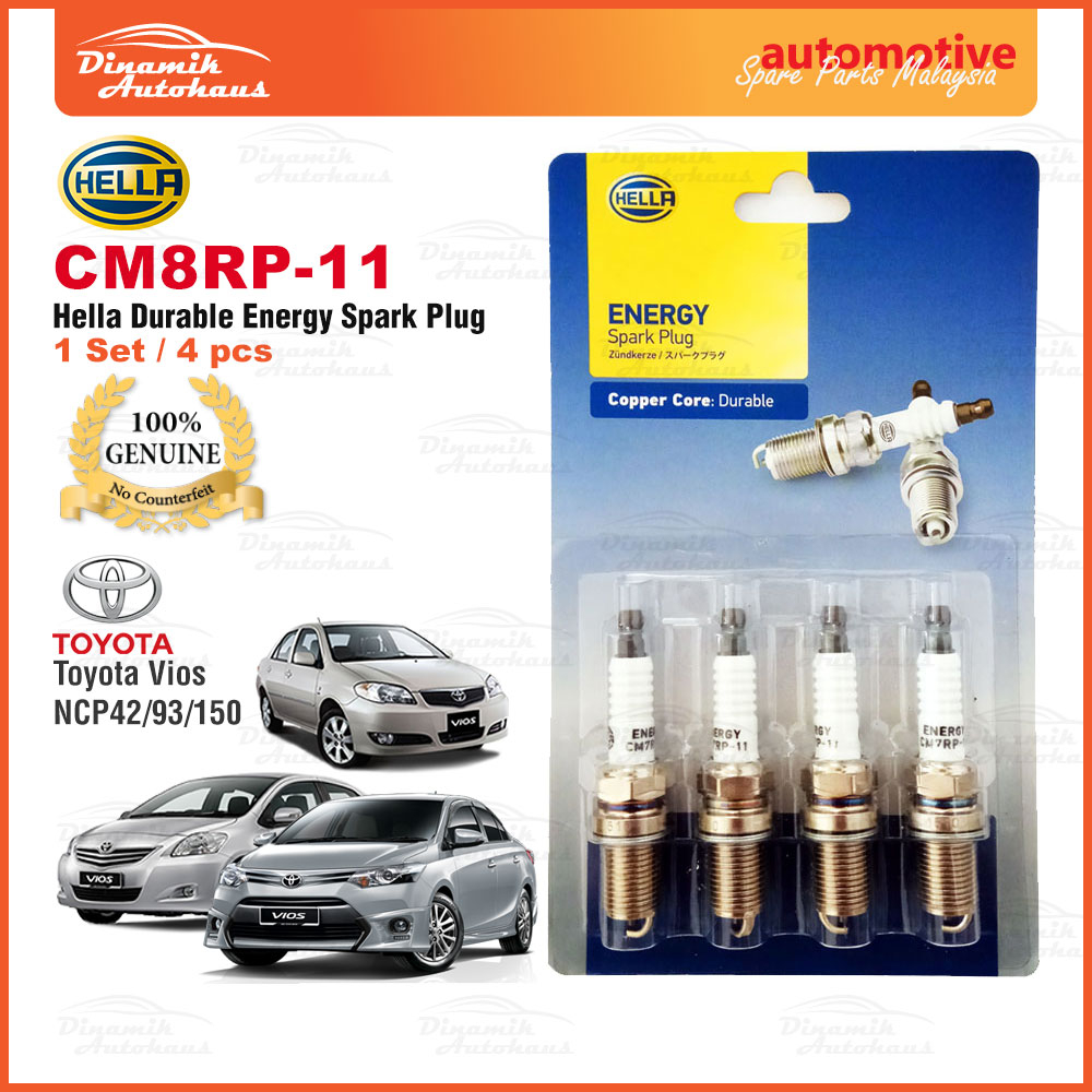 Toyota Vios NCP42 93 150 ปี 2002 ถึง 2016 1NZFE หัวเทียนรถยนต์ Hella พลังงานทนทาน CM8RP-11 (4 ชิ้น)