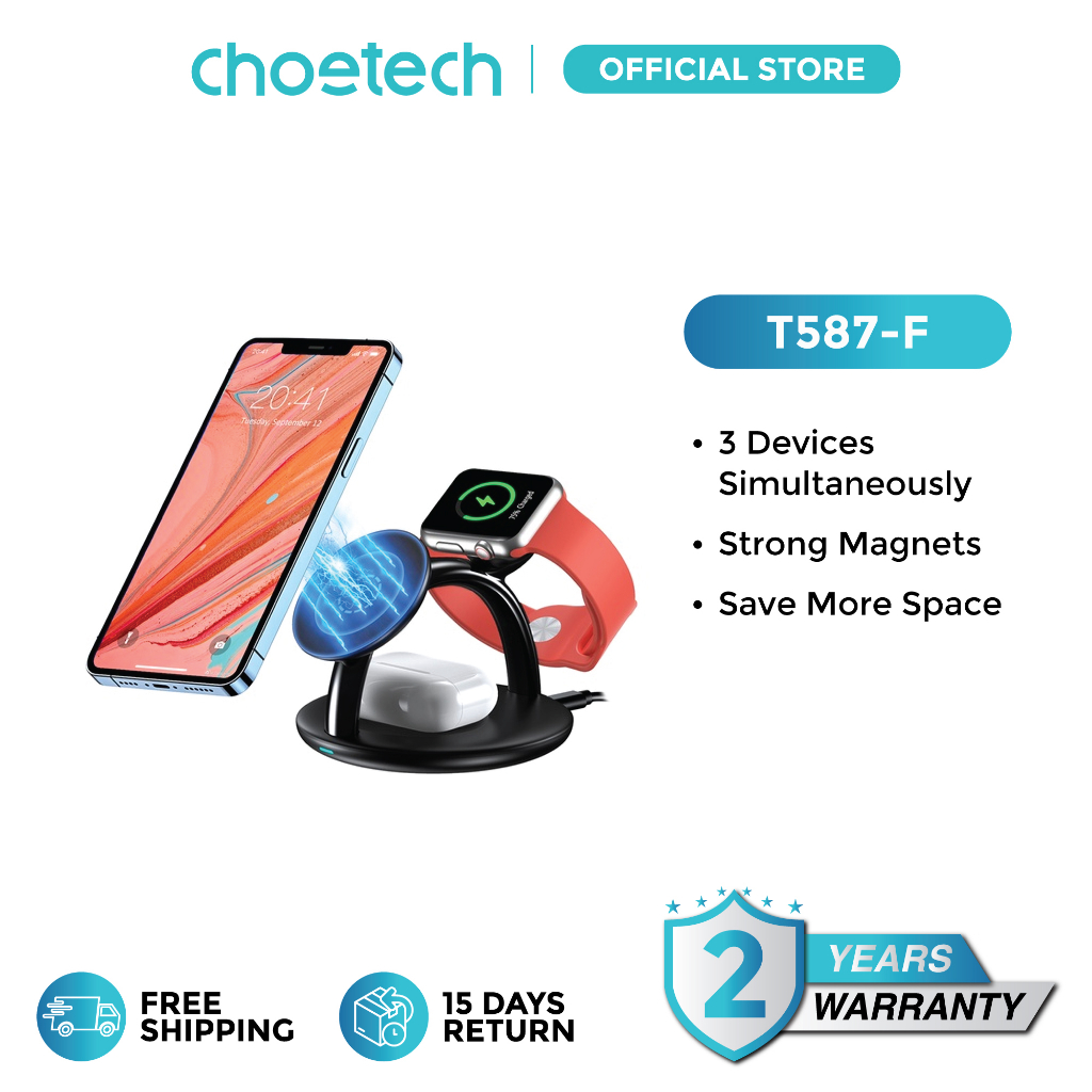 Choetech T587 แท่นชาร์จแม่เหล็กไร้สาย 15W 3 IN 1 สําหรับ iPhone 12 13 14 15 Pro Max AirPod Apple Watch