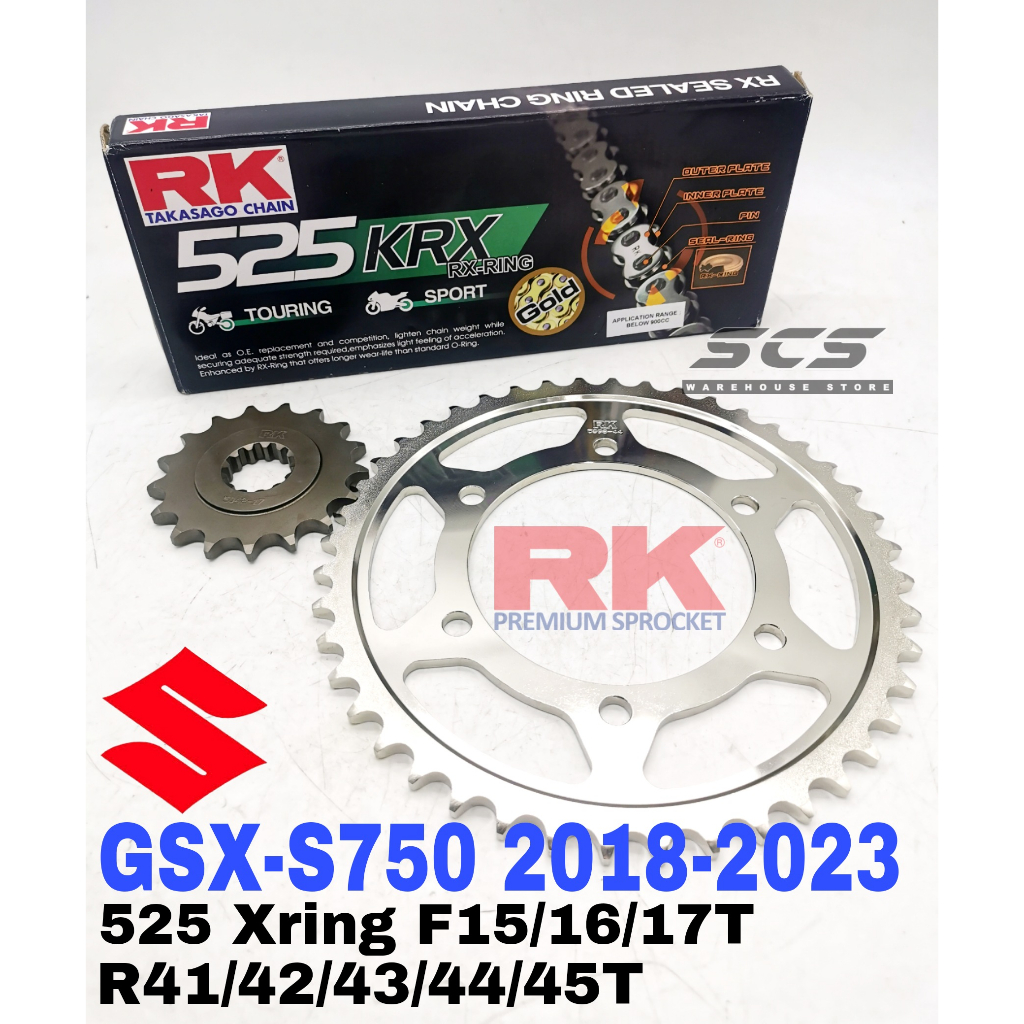 ชุดเฟือง RK SUZUKI GSX-S750 2018 - 2024 525 GB KRX X-Ring โซ่สีดําทอง Rantai Xring GSXS 750 GSX 750S