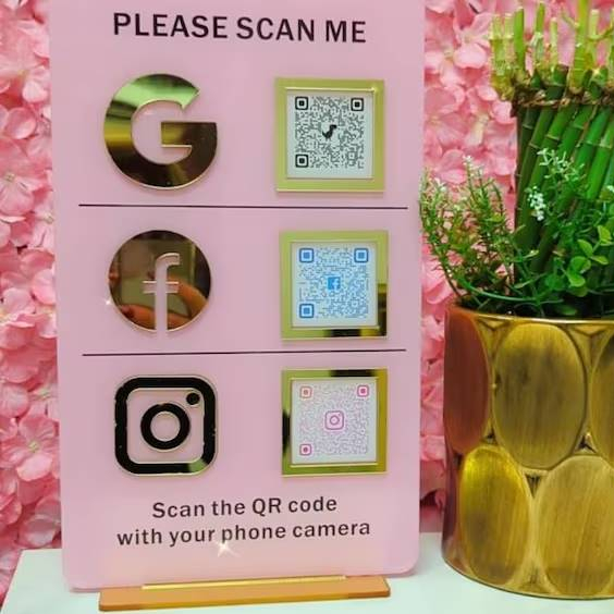 3 Icon Social Media Counter Sign - QR code,Scan,Custom Acrylic Sign-Reception Desk แคชเชียร์