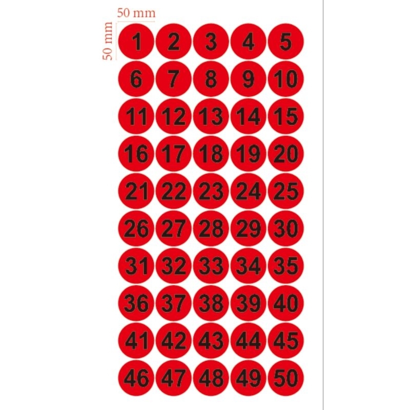 5.5 ซม. 1-50 หมายเลขขนาดใหญ่สีแดง/สีดํา COLOUR สติ๊กเกอร์แผ่นฉลาก