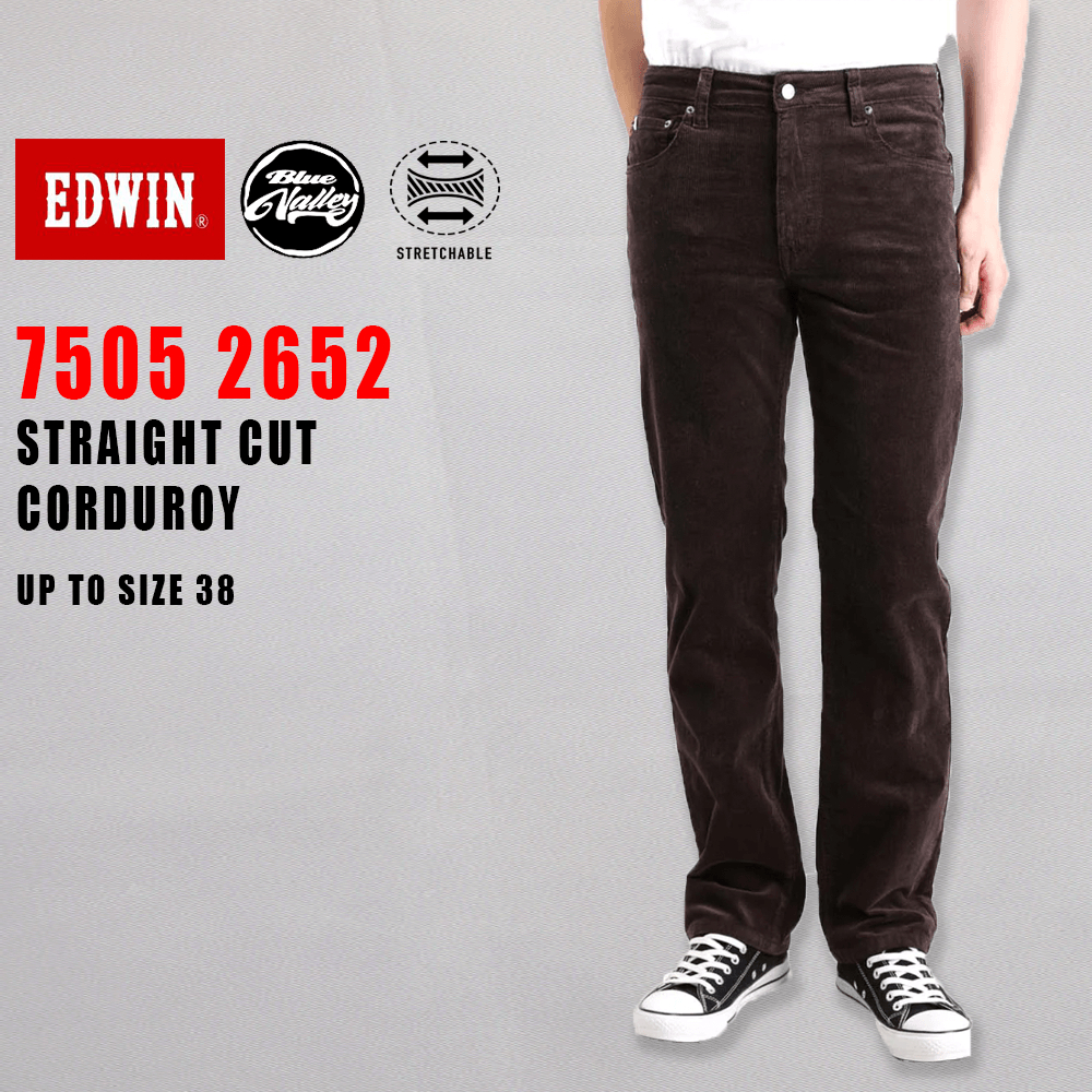 EDWIN 505 กางเกงยีนส์ผ้าลูกฟูกทรงตรงสําหรับผู้ชาย (สีน้ําตาล)