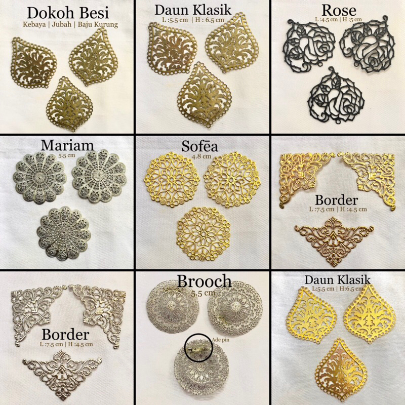 Doh Besi/Kerawang/Kerongsang/Filigree Metal Charm Solid สําหรับ Diy Gold & SWhite Colour