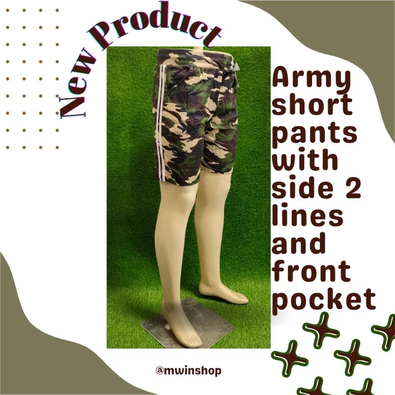 Mwin Shop ขาสั้นทหาร มีข้าง 2 เส้น และกระเป๋าหน้า/ Seluar pendek Army Adults (seuai unisex)