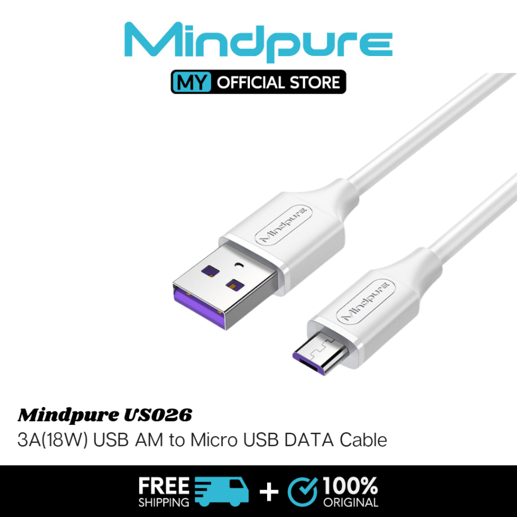 Mindpure QC 3.0 Micro 3A (18W) สาย USB ชาร์จเร็ว 1m/2m/3m (สีขาว) -US026
