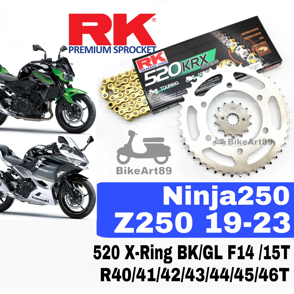 ชุดเฟือง RK Kawasaki Ninja 250 Z250 19-23 RK 520 KRX X-Ring สีดํา / ทองโซ่ RK520 Xring สีดํา Emas Ra