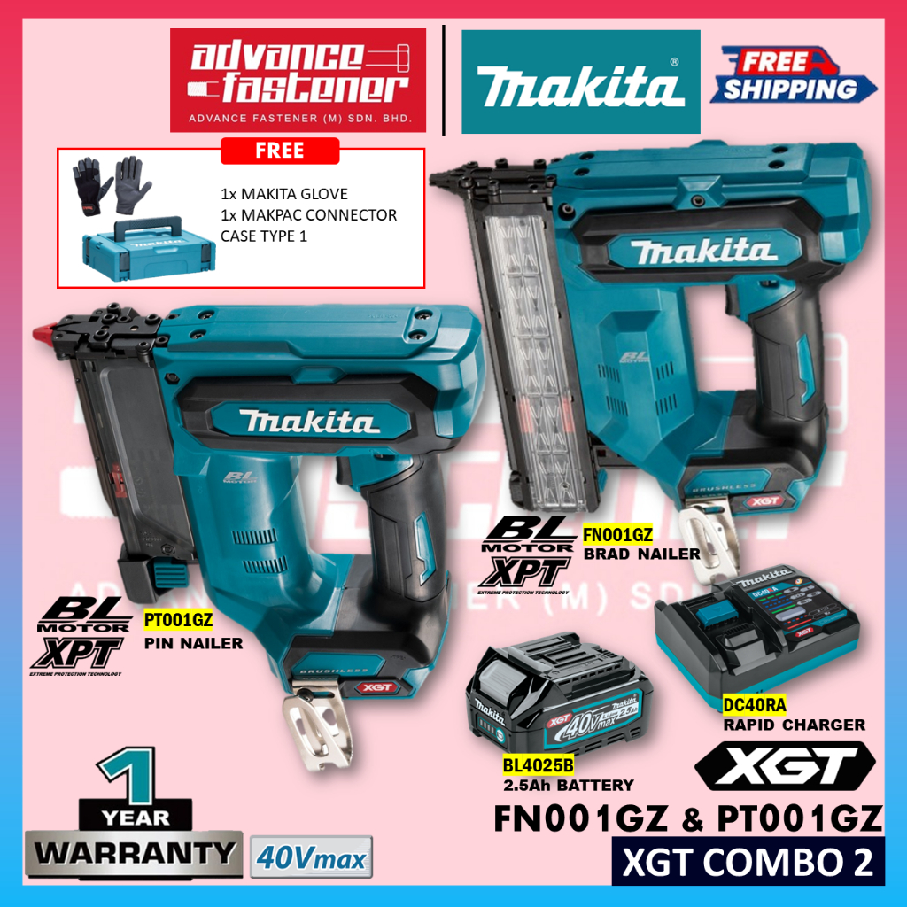 MAKITA 40Vmax 40V XGT Wireless Combo 2 ( FN001G Cordless Brad Nailer / PT001G Cordless Pin Nailer)